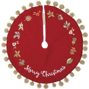 Christmas Tree Skirt Small 12.5" Diameter Merry Christmas Floral Embroidery Red